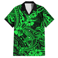 Kids Hawaiian shirt with green-and-black Polynesian pattern, short sleeves, button front