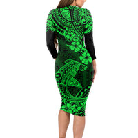Hawaii Shark Long Sleeve Bodycon Dress Polynesian Pattern Green Version - Wonder Print Shop