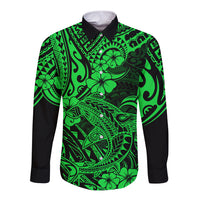 Hawaii Shark Long Sleeve Button Shirt Polynesian Pattern Green Version - Wonder Print Shop