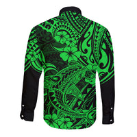 Hawaii Shark Long Sleeve Button Shirt Polynesian Pattern Green Version - Wonder Print Shop