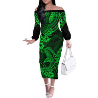 Hawaii Shark Off The Shoulder Long Sleeve Dress Polynesian Pattern Green Version - Wonder Print Shop