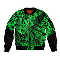 Hawaii Shark Sleeve Zip Bomber Jacket Polynesian Pattern Green Version - Wonder Print Shop