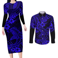 Hawaii Shark Couples Matching Long Sleeve Bodycon Dress and Long Sleeve Button Shirts Polynesian Pattern Navy Blue Version - Wonder Print Shop