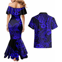 Hawaii Shark Couples Matching Mermaid Dress and Hawaiian Shirt Polynesian Pattern Navy Blue Version - Wonder Print Shop
