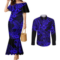 hawaii-shark-couples-matching-mermaid-dress-and-long-sleeve-button-shirts-polynesian-pattern-navy-blue-version