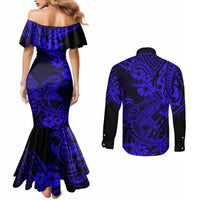 hawaii-shark-couples-matching-mermaid-dress-and-long-sleeve-button-shirts-polynesian-pattern-navy-blue-version