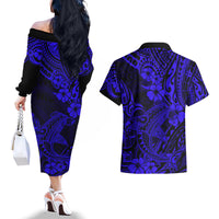 Hawaii Shark Couples Matching Off The Shoulder Long Sleeve Dress and Hawaiian Shirt Polynesian Pattern Navy Blue Version - Wonder Print Shop