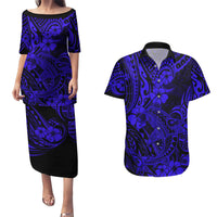 Hawaii Shark Couples Matching Puletasi Dress and Hawaiian Shirt Polynesian Pattern Navy Blue Version - Wonder Print Shop