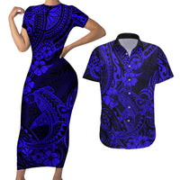 Hawaii Shark Couples Matching Short Sleeve Bodycon Dress and Hawaiian Shirt Polynesian Pattern Navy Blue Version - Wonder Print Shop