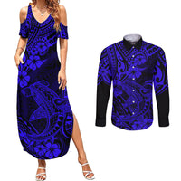 Hawaii Shark Couples Matching Summer Maxi Dress and Long Sleeve Button Shirts Polynesian Pattern Navy Blue Version - Wonder Print Shop