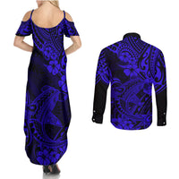 Hawaii Shark Couples Matching Summer Maxi Dress and Long Sleeve Button Shirts Polynesian Pattern Navy Blue Version - Wonder Print Shop