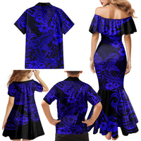 Hawaii Shark Family Matching Mermaid Dress and Hawaiian Shirt Polynesian Pattern Navy Blue Version - Wonder Print Shop