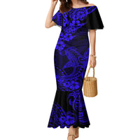 Hawaii Shark Family Matching Mermaid Dress and Hawaiian Shirt Polynesian Pattern Navy Blue Version - Wonder Print Shop