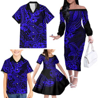 Hawaii Shark Family Matching Off Shoulder Long Sleeve Dress and Hawaiian Shirt Polynesian Pattern Navy Blue Version - Wonder Print Shop