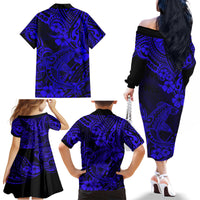 Hawaii Shark Family Matching Off Shoulder Long Sleeve Dress and Hawaiian Shirt Polynesian Pattern Navy Blue Version - Wonder Print Shop