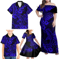 Hawaii Shark Family Matching Off Shoulder Maxi Dress and Hawaiian Shirt Polynesian Pattern Navy Blue Version - Wonder Print Shop
