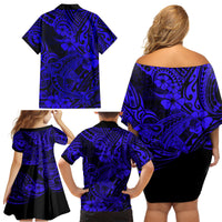 Hawaii Shark Family Matching Off Shoulder Short Dress and Hawaiian Shirt Polynesian Pattern Navy Blue Version - Wonder Print Shop