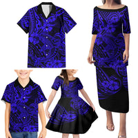 Hawaii Shark Family Matching Puletasi Dress and Hawaiian Shirt Polynesian Pattern Navy Blue Version - Wonder Print Shop