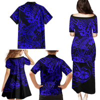 Hawaii Shark Family Matching Puletasi Dress and Hawaiian Shirt Polynesian Pattern Navy Blue Version - Wonder Print Shop