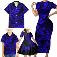 Hawaii Shark Family Matching Short Sleeve Bodycon Dress and Hawaiian Shirt Polynesian Pattern Navy Blue Version - Wonder Print Shop