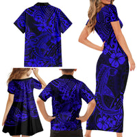 Hawaii Shark Family Matching Short Sleeve Bodycon Dress and Hawaiian Shirt Polynesian Pattern Navy Blue Version - Wonder Print Shop