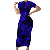 Hawaii Shark Family Matching Short Sleeve Bodycon Dress and Hawaiian Shirt Polynesian Pattern Navy Blue Version - Wonder Print Shop