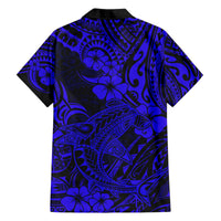 Navy blue Hawaiian shirt with blue abstract tribal and flower pattern, short sleeves