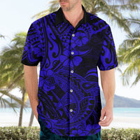 Mens navy blue short-sleeve Hawaiian shirt with blue hibiscus-style flowers, button front