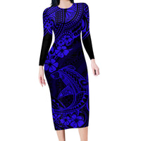 Hawaii Shark Long Sleeve Bodycon Dress Polynesian Pattern Navy Blue Version - Wonder Print Shop
