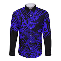 Hawaii Shark Long Sleeve Button Shirt Polynesian Pattern Navy Blue Version - Wonder Print Shop