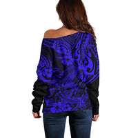 Hawaii Shark Off Shoulder Sweater Polynesian Pattern Navy Blue Version - Wonder Print Shop