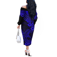 Hawaii Shark Off The Shoulder Long Sleeve Dress Polynesian Pattern Navy Blue Version - Wonder Print Shop