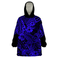 Hawaii Shark Wearable Blanket Hoodie Polynesian Pattern Navy Blue Version - Wonder Print Shop