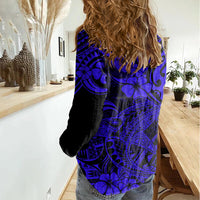 Hawaii Shark Women Casual Shirt Polynesian Pattern Navy Blue Version - Wonder Print Shop