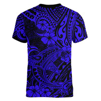 Hawaii Shark Women V Neck T Shirt Polynesian Pattern Navy Blue Version - Wonder Print Shop