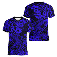 Hawaii Shark Women V Neck T Shirt Polynesian Pattern Navy Blue Version - Wonder Print Shop