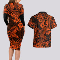 Hawaii Shark Couples Matching Long Sleeve Bodycon Dress and Hawaiian Shirt Polynesian Pattern Orange Version - Wonder Print Shop
