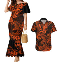 Hawaii Shark Couples Matching Mermaid Dress and Hawaiian Shirt Polynesian Pattern Orange Version - Wonder Print Shop