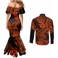 hawaii-shark-couples-matching-mermaid-dress-and-long-sleeve-button-shirts-polynesian-pattern-orange-version