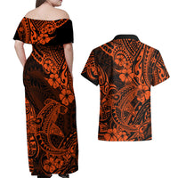 Hawaii Shark Couples Matching Off Shoulder Maxi Dress and Hawaiian Shirt Polynesian Pattern Orange Version - Wonder Print Shop