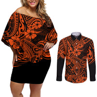 Hawaii Shark Couples Matching Off Shoulder Short Dress and Long Sleeve Button Shirts Polynesian Pattern Orange Version - Wonder Print Shop
