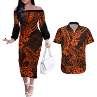 Hawaii Shark Couples Matching Off The Shoulder Long Sleeve Dress and Hawaiian Shirt Polynesian Pattern Orange Version - Wonder Print Shop