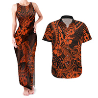 Hawaii Shark Couples Matching Tank Maxi Dress and Hawaiian Shirt Polynesian Pattern Orange Version - Wonder Print Shop