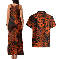 Hawaii Shark Couples Matching Tank Maxi Dress and Hawaiian Shirt Polynesian Pattern Orange Version - Wonder Print Shop