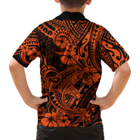 Hawaii Shark Family Matching Long Sleeve Bodycon Dress and Hawaiian Shirt Polynesian Pattern Orange Version - Wonder Print Shop