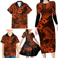 Hawaii Shark Family Matching Long Sleeve Bodycon Dress and Hawaiian Shirt Polynesian Pattern Orange Version - Wonder Print Shop