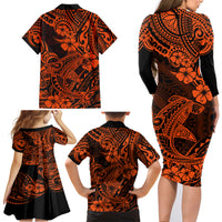Hawaii Shark Family Matching Long Sleeve Bodycon Dress and Hawaiian Shirt Polynesian Pattern Orange Version - Wonder Print Shop