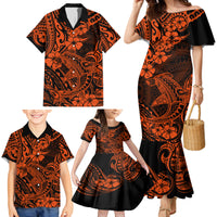 Hawaii Shark Family Matching Mermaid Dress and Hawaiian Shirt Polynesian Pattern Orange Version - Wonder Print Shop