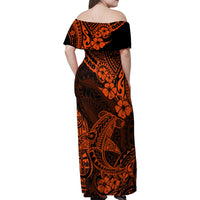 Hawaii Shark Family Matching Off Shoulder Maxi Dress and Hawaiian Shirt Polynesian Pattern Orange Version - Wonder Print Shop