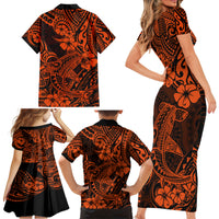 Hawaii Shark Family Matching Short Sleeve Bodycon Dress and Hawaiian Shirt Polynesian Pattern Orange Version - Wonder Print Shop